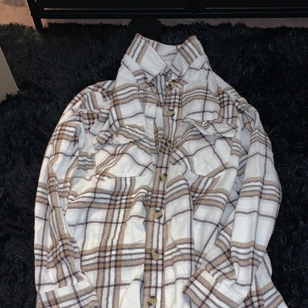 Cream and Brown Plaid Button-Up Shacket